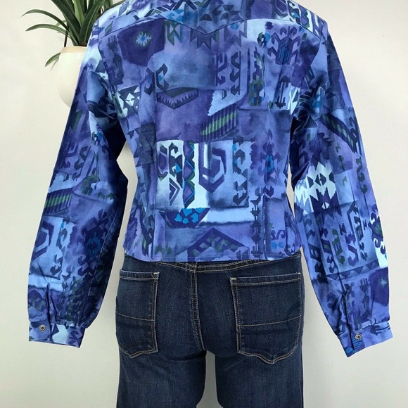 Vtg Roper Western Rodeo Shirt Blue Batik Studded‎ Collar Cropped Women’s Size M - Picture 6 of 9